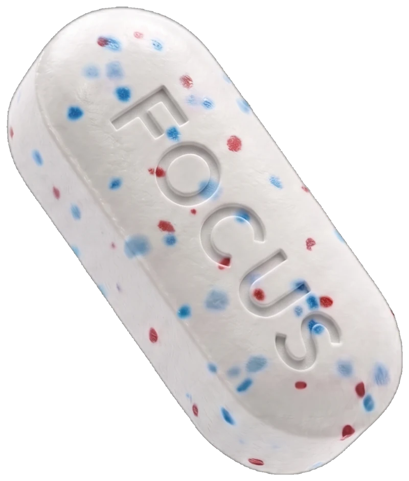 A single Retabolic Focus tablet, white with red and blue specks, stamped FOCUS